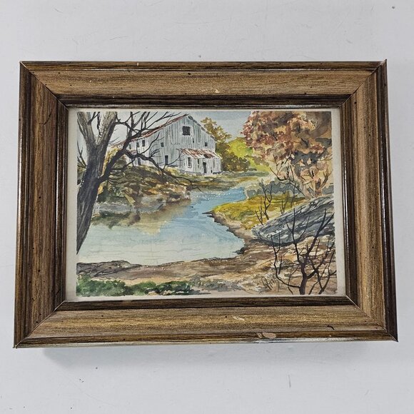 Rustic Framed Landscape Watercolor Painting Country Barn Creek Scene Signed Ping - Picture 1 of 8